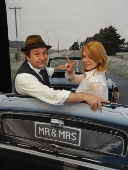 Dion and his assistant taking a turn in the Mr & Mrs mobile!